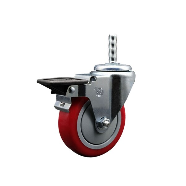 Service Caster 4 Inch Red Polyurethane Wheel Swivel 58 Inch Threaded Stem Caster with Brake SCC SCC-TS20S414-PPUB-RED-PLB-58212 - main